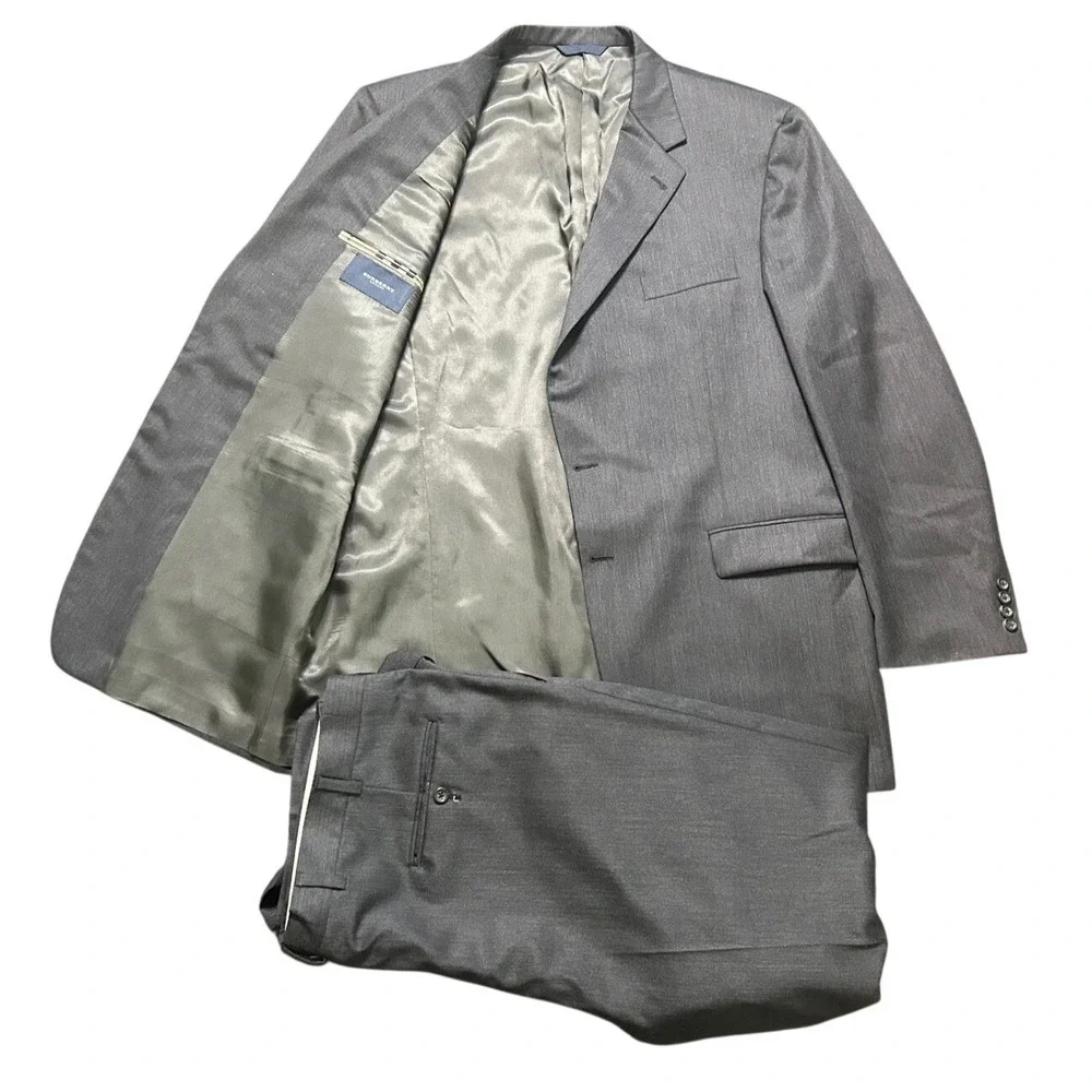 Burberry London Suit Charcoal Gray Mens 46L 40x30 Wool Two Button Pleated‎ Cuff